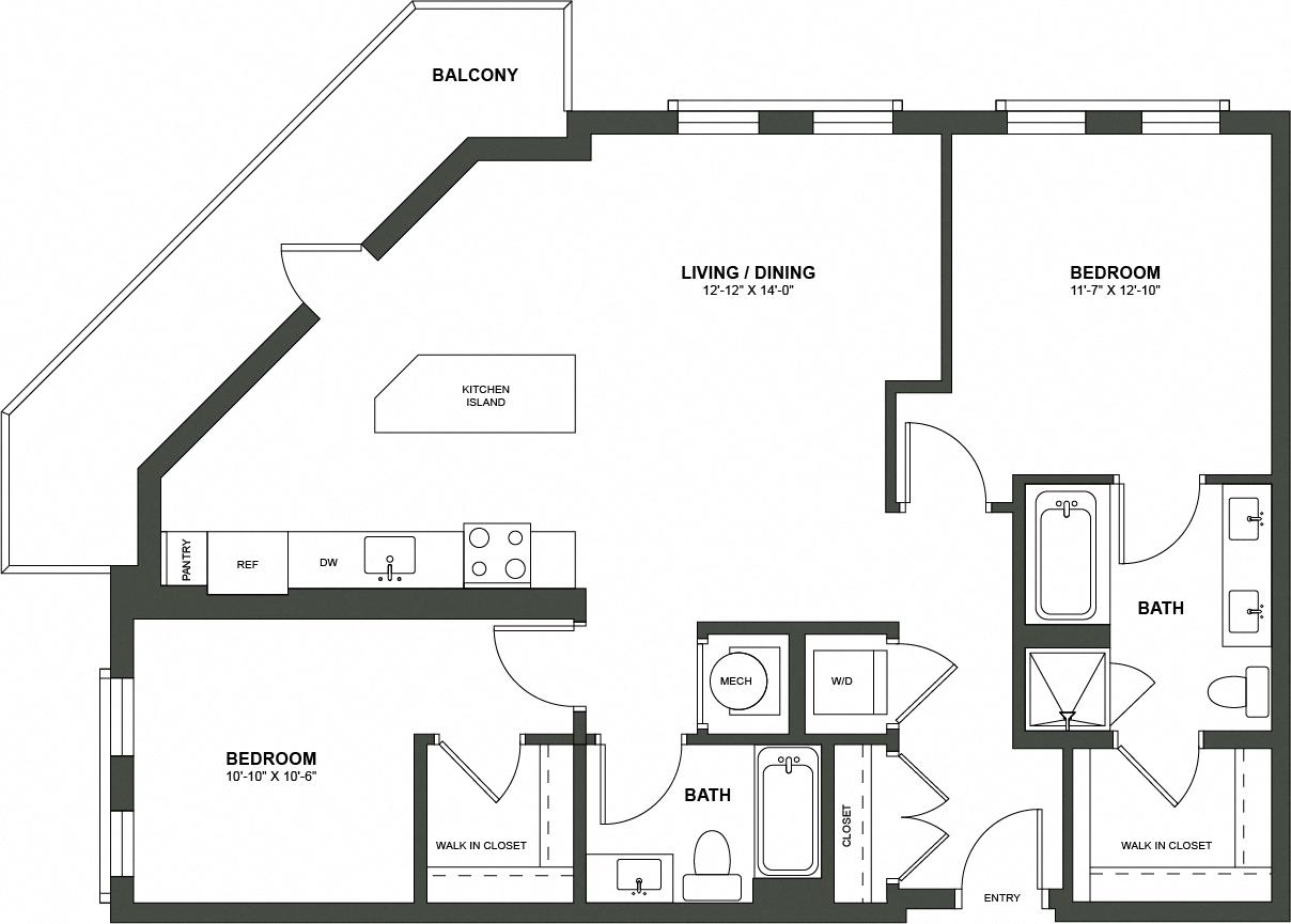 Floor plan for 2 beds, 2 baths, 1177 sqft